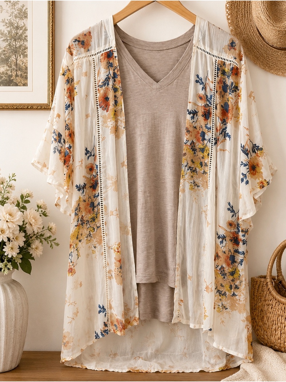 Band of Gypsies Floral Kimono & Maurices Taupe V-Neck Top Set | XS/S